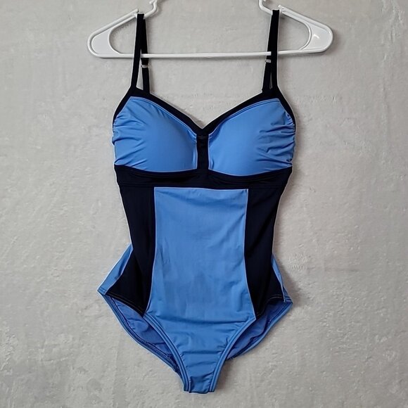 Tommy Bahama Women's Blue Colorblock V-Neck One Piece Swimsuit Size 4 Gold Clasp - Picture 1 of 12